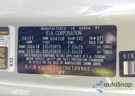 2022 Kia Carnival Mpv Sx Prestige z USA, uszkodzony, nr VIN KNDNE5H37N6149965